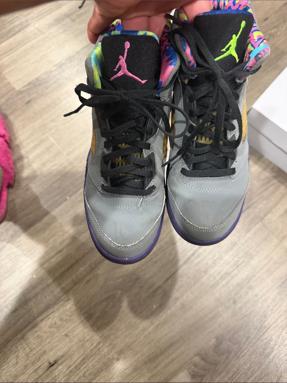 Jordan Kids Gray Basketball Sneakers with Purple, Pink & Neon Accents